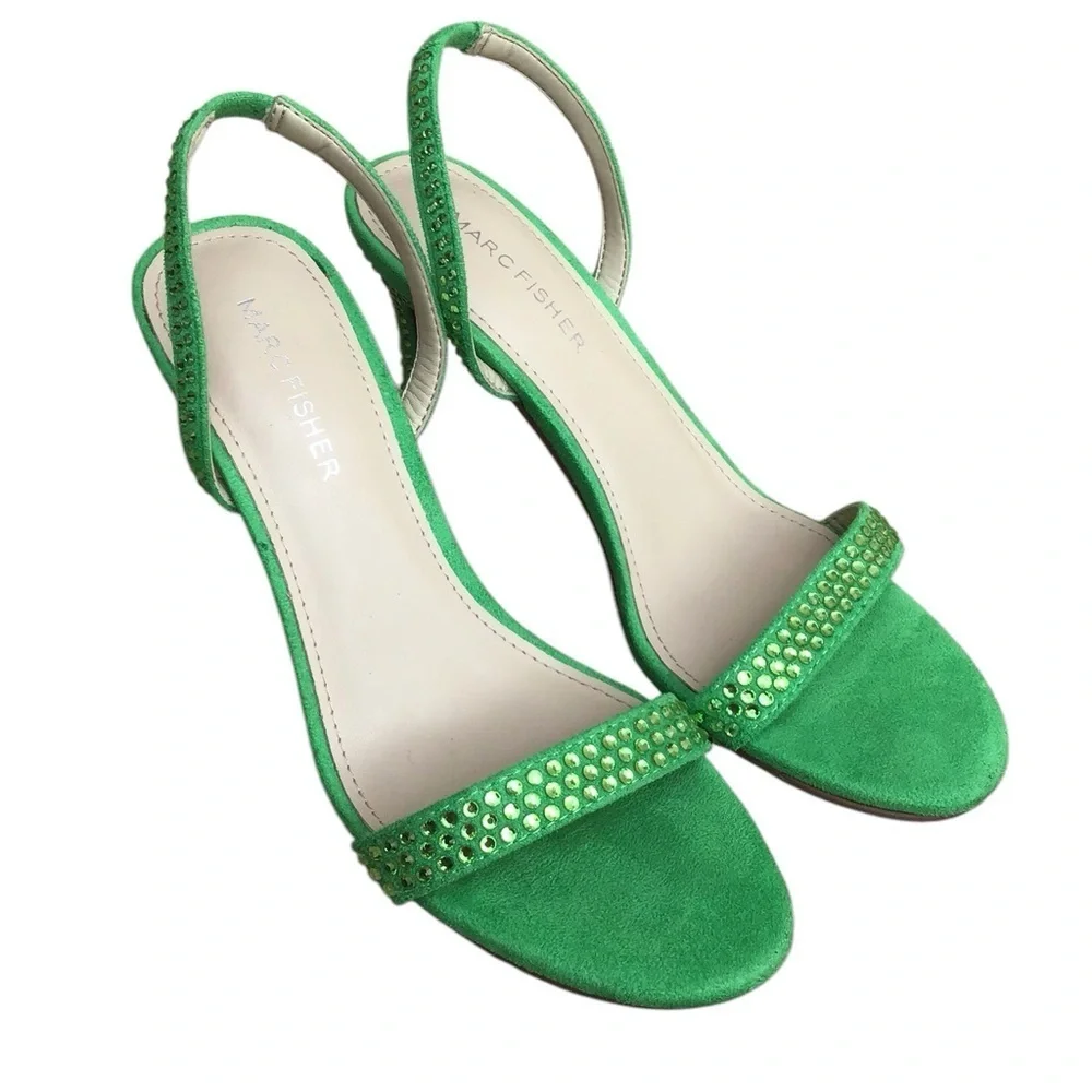Marc Fisher Betila Green Slip On Slingback Crystal Embellished Heels Siz…